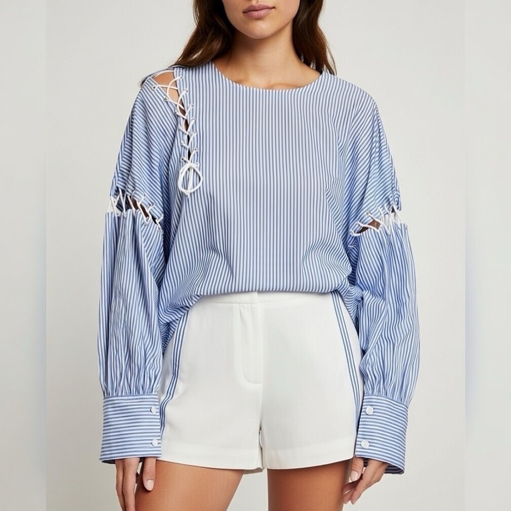 Tibi Striped Blue and White Lace Up Sleeve Top Size Small